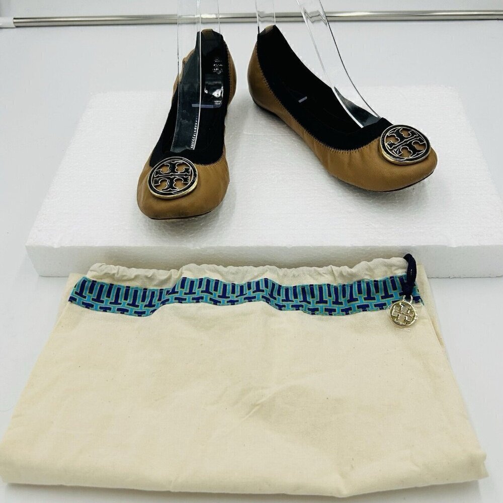 Tory Burch Caroline Flats Ballet Stretchy Beige Black Brown Tan Women's 6.5M